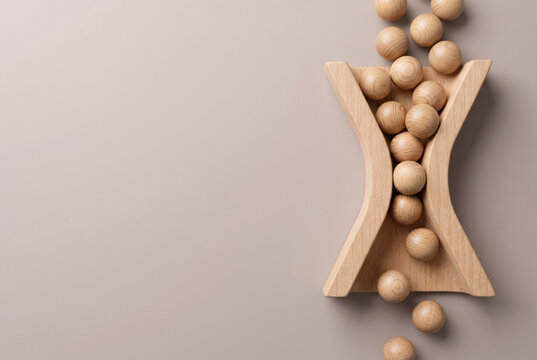 Wooden beads move through narrowing hourglass pathway, illustrating business bottleneck, workflow constraints, process delays, operational inefficiency and restricted productivity in minimalist flat l
