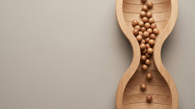 Wooden beads move through narrowing hourglass pathway, illustrating business bottleneck, workflow constraints, process delays, operational inefficiency and restricted productivity in minimalist flat l