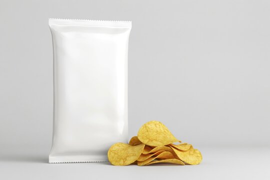 Blank snack bag with chips pile isolated on white background. Ad template.