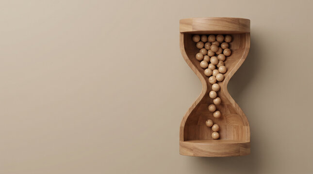 Wooden beads move through narrowing hourglass pathway, illustrating business bottleneck, workflow constraints, process delays, operational inefficiency and restricted productivity in minimalist flat l
