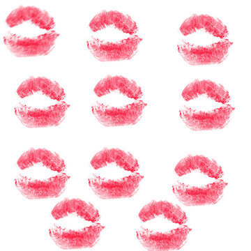 Smudged Red Lipstick Kiss Marks in Grid Pattern on White Background &mdash; Textured Romantic Makeup Design

