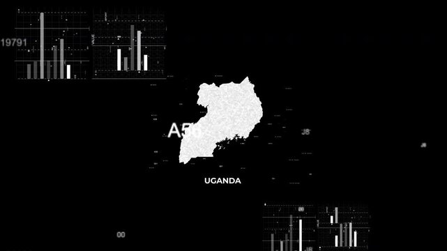 Uganda map animation showcasing economy, infrastructure, technology, population, energy, trade, and national development data for presentations, films, documentaries, and motion graphics.