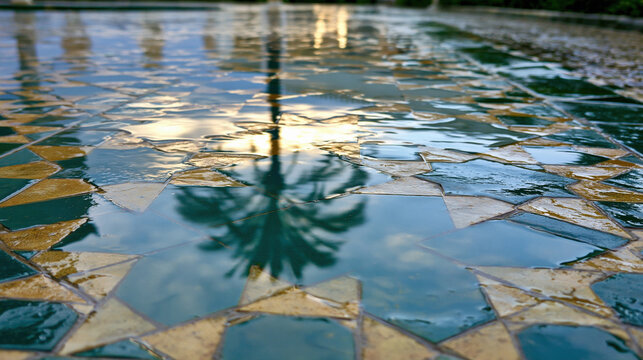 Ceramics mosaic traditional authentic tile floor with palm tree reflection in rain water