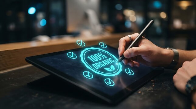 Hand using a stylus to draw a glowing 100% organic badge with checkmark on a digital tablet screen in a dimly lit room
