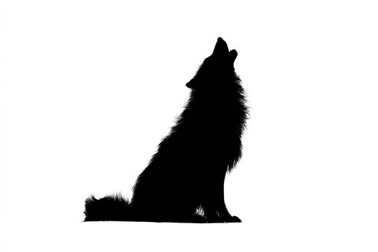 Silhouette of a wolf howling with its head held high, set against a stark white background, embodying primal instinct and wildness.