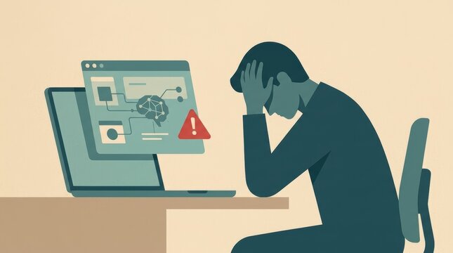 Stressed man sitting at desk with computer error warning vector illustration