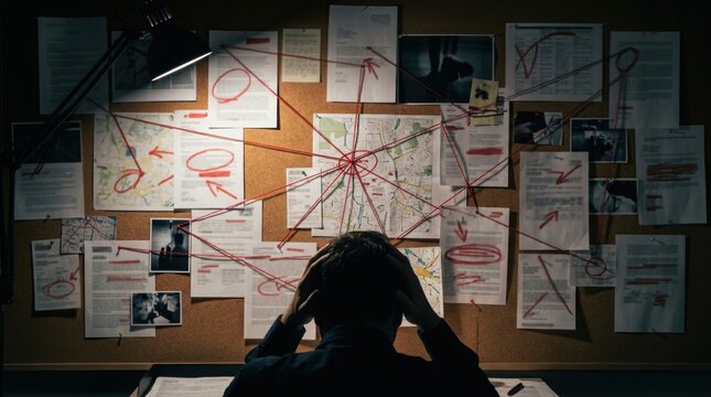 Stressed person analyzing complex investigation board with maps and documents in dim lighting