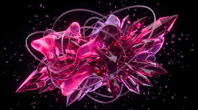 Abstract 3D render of magenta crystals and organic fluid shapes on black background
