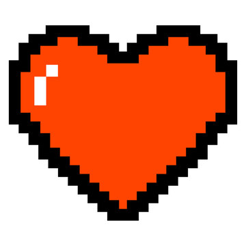 Pixel art heart icon with love symbol in orange and black design