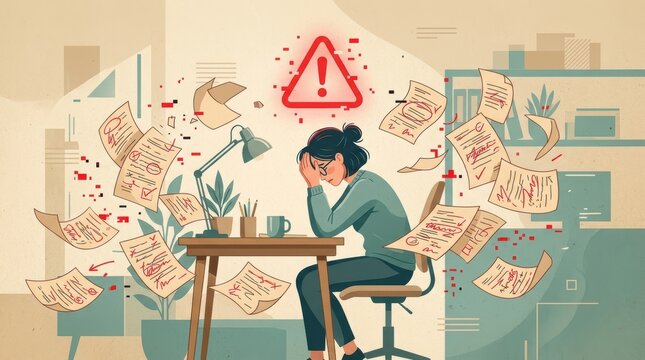 Stressed woman overwhelmed by paperwork in office vector illustration