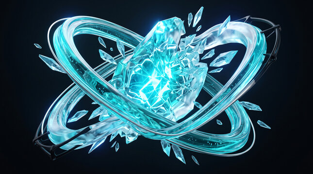 Futuristic glowing ice crystal with swirling rings of light and energy in a dark sci-fi background