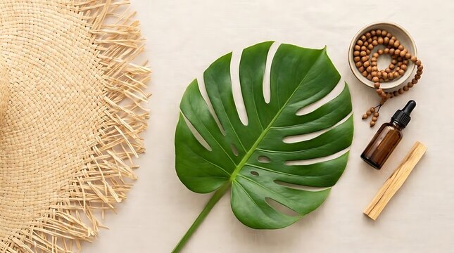 Tropical wellness flat lay with monstera leaf and oils