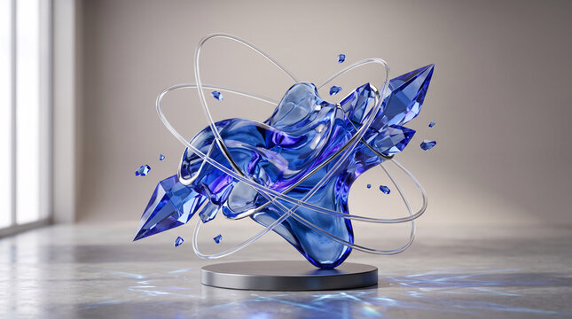 Abstract 3D Render of Blue Glass Liquid Sculpture with Orbital Rings on Podium Display in Modern Studio
