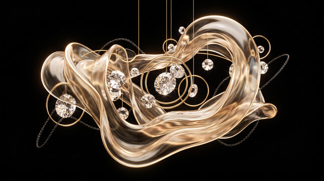 Abstract Golden Liquid Flow Sculpture with Glowing Spheres and Floating Rings on Black Background