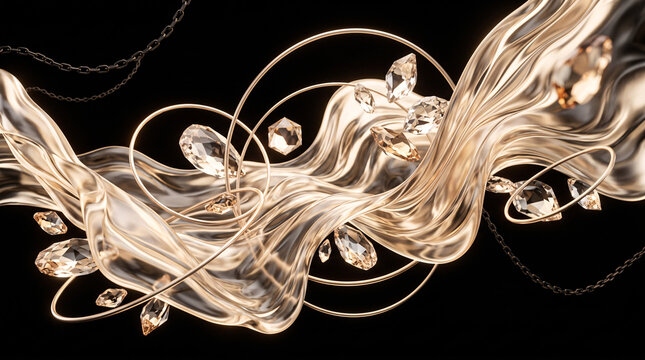 Luxurious Abstract Composition of Flowing Golden Crystal Ribbons and Floating Diamonds on Black Background