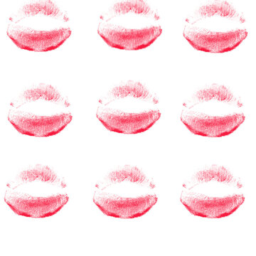 Watercolor Red Lip Print Grid Pattern on White Background &mdash; Seamless Romantic Makeup Design

