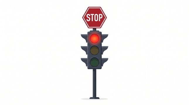 Red traffic light vector illustration with stop sign on top isolated on white background