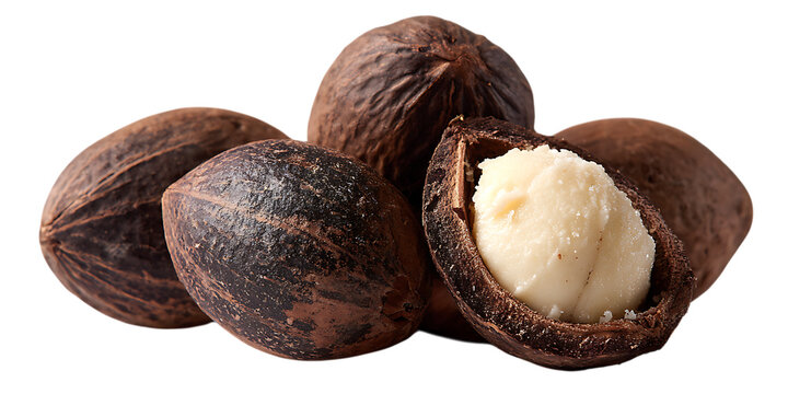 Macadamia nuts with cracked shell revealing the kernel a close up food photography