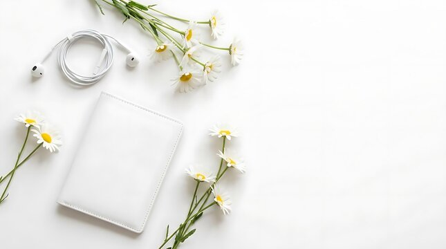 White tablet reader and flowers on bright surface.