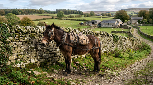 Pack Mule Standing by Rustic Stone Wall in Peaceful Rural Landscape Under Natural Daylight for Countryside Travel and Heritage Representation
