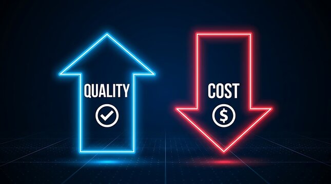 Quality improvement and cost reduction neon arrows pointing up and down on dark background