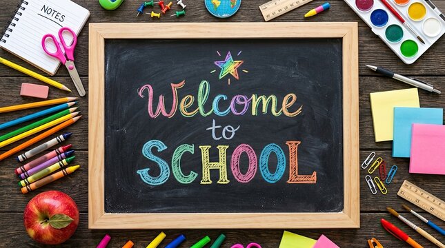 A colorful chalkboard with welcome to school text surrounded by various school supplies for a back to school theme