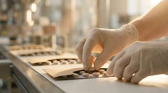 Person in Lab Coat Inspecting or Packaging Items on Assembly Lin