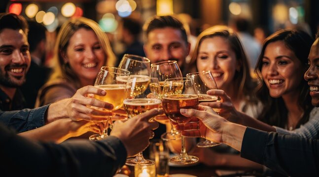 Happy friends toasting with drinks at a lively bar celebration
