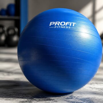 Blue Profit Fitness exercise ball on gym floor with blurred background