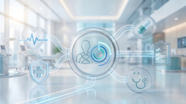 Digital health care network interface floating in modern hospital hallway representing medical data integration and patient care