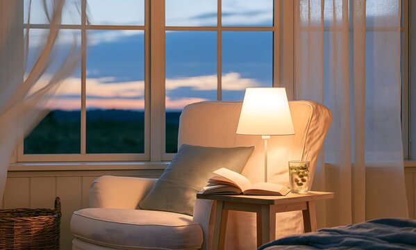 Cozy late summer evening interior, peaceful homebody atmosphere, comfortable armchair near an open window, small wooden side table with an open book and a cooling herbal drink