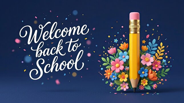 A beautiful artistic welcome back to school greeting card design featuring a yellow pencil surrounded by colorful floral elements