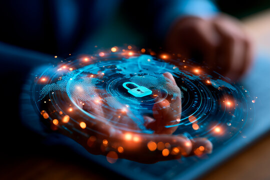 Businessman holding glowing cybersecurity global network hologram for data protection