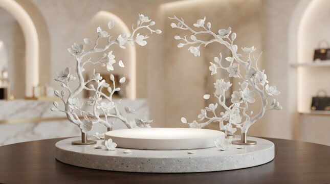 Sculptural white porcelain branches decorated with delicate blossoms frame a simple round display pedestal in an elegant neutral interior, creating a refined luxury product presentation setting
