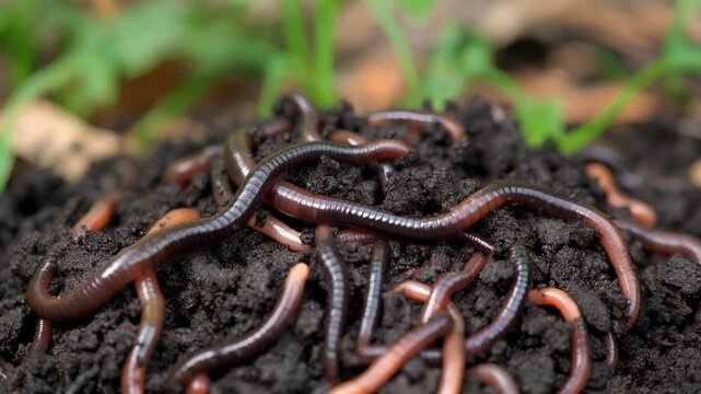 Wriggling earthworms in moist soil, close-up slow motion nature footage