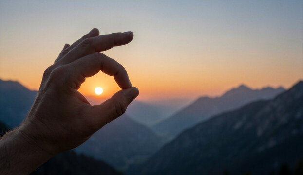 Mountain sunset framing with hand forming circle shape over scenic landscape horizon