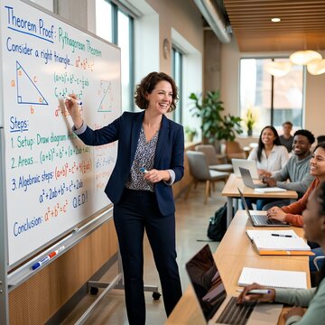 Teacher explaining Pythagorean theorem on whiteboard to diverse students in classroom