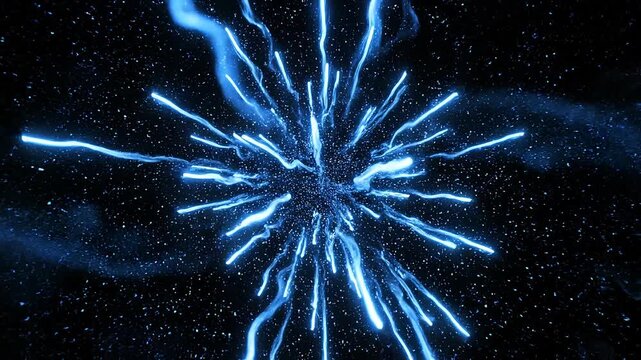 Abstract bright blue electric energy explosion with glowing light streaks and particles in dark background