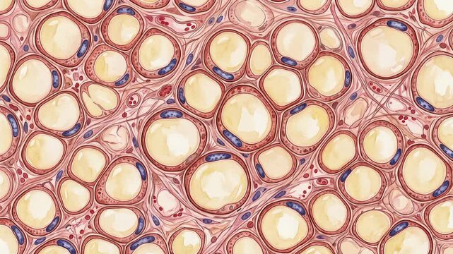 Scientific illustration of human fat body or adipose tissue under microscopic view, detailed fat cells, cellular structure, biomedical research, histology, 4K video