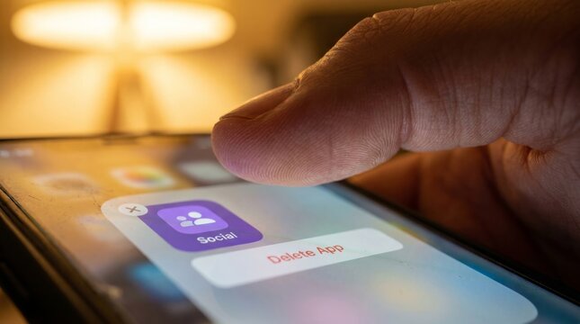 Finger hovering over social media app deletion prompt on smartphone screen