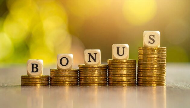 Stacks of gold coins spelling bonus financial reward