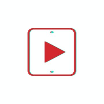 Orange red play button icon with cyan RGB ghosting fringes dropping with a bounce then glitching with scanline displacement on white loop