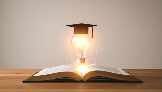 Open book glowing lightbulb graduation cap education inspiration