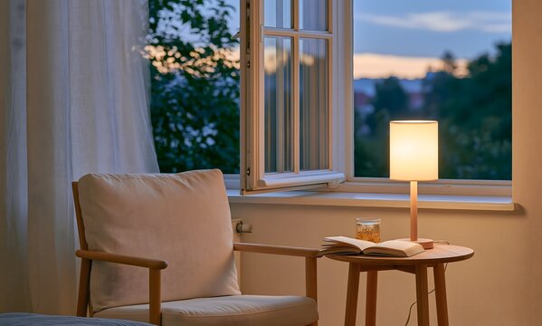 Cozy late summer evening interior, peaceful homebody atmosphere, comfortable armchair near an open window, small wooden side table with an open book and a cooling herbal drink