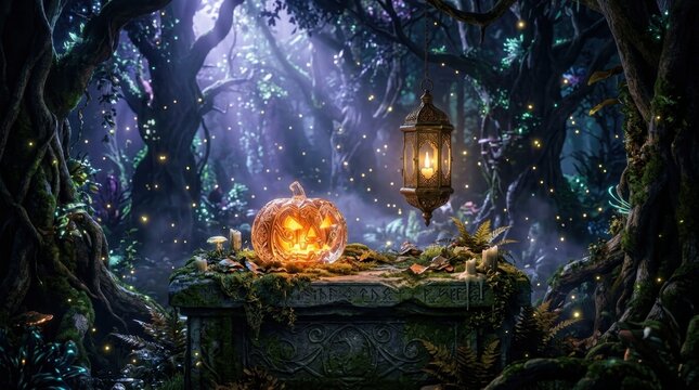 Glowing pumpkin and lantern on an ancient stone altar in a mystical forest