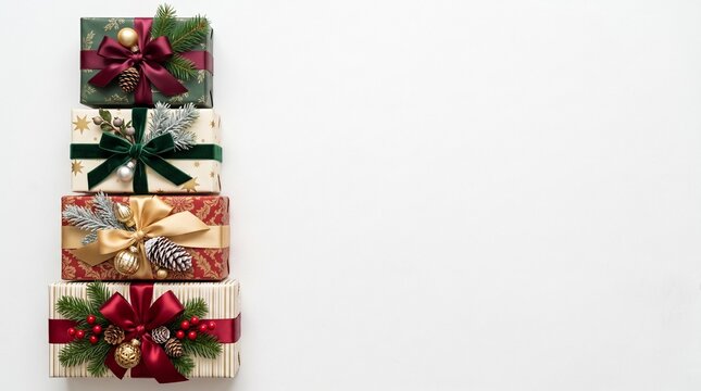 Stacked elegant Christmas gift boxes with festive ribbons and winter greenery on a clean white background for holiday celebrations