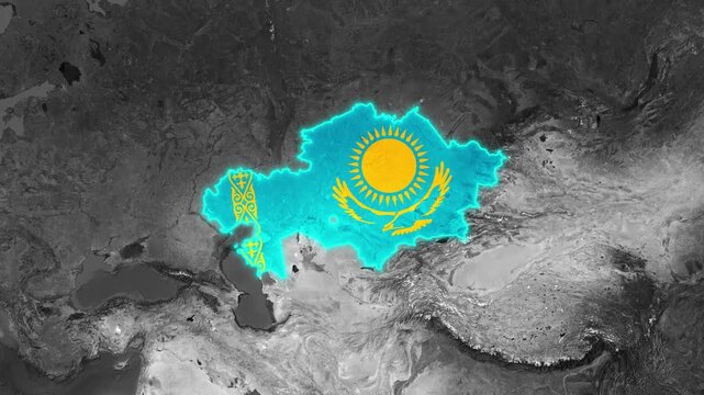 3D Dark Satellite Map Animation Highlighting Kazakhstan with Glowing Border and National Flag Overlay