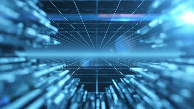 Futuristic digital cityscape with glowing blue light and technology grid background in sci fi style