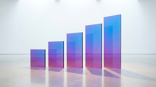 Five vertical glass panels with blue and purple gradient colors arranged in an ascending bar chart formation on a white floor