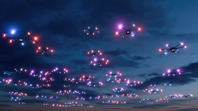 Colorful Drones in Night Sky with Breathtaking Light Display